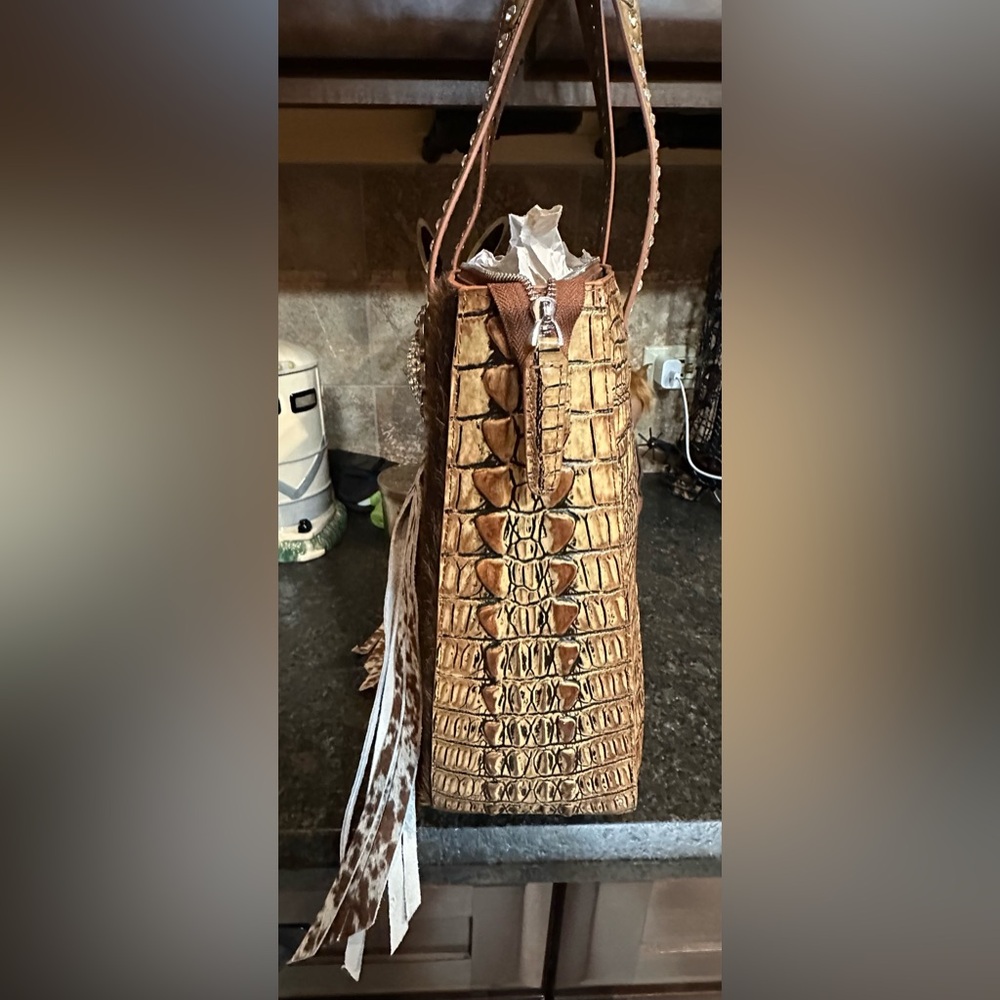 Raviani Brown and Tan CowhideTote with Fringe And Croc Embossed On The Back - Picture 3 of 11